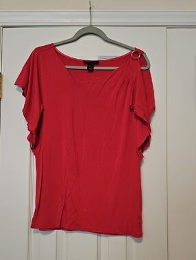 White House Black Market Red Short-Sleeve Ruffled Shoulder Top